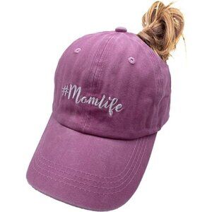 Mom Life Ponytail Baseball Cap Messy Bun Vintage Washed Distressed Twill Plain